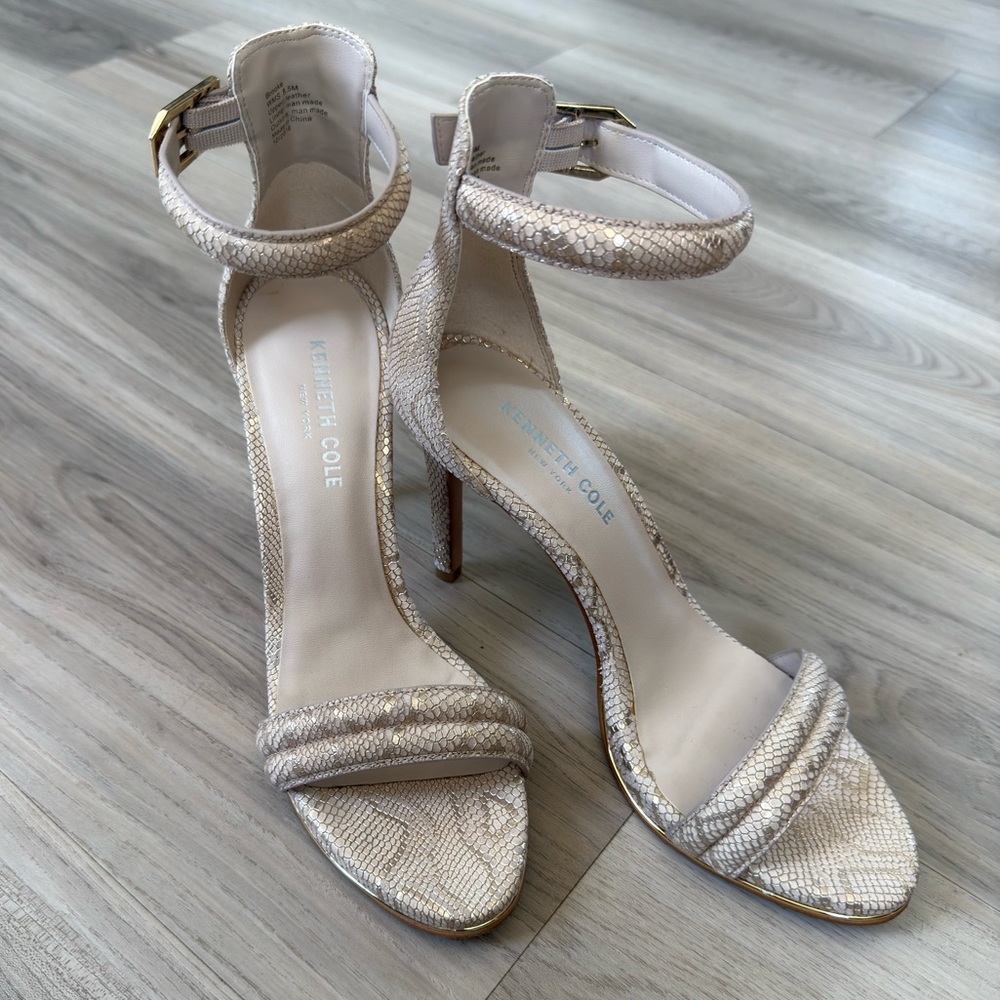 Kenneth Cole 
Metallic Beige Snake-Embossed Ankle Strap Heels
Size 8.5